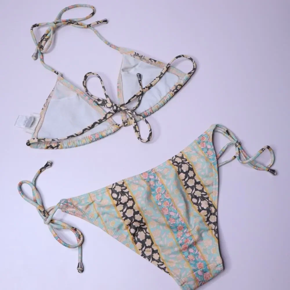 TULAROSA Two-Piece String Bikini Set Floral Green Halter Side Tie Women's XS/S